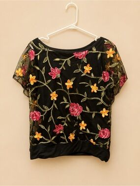 SHEIN Black Mesh Top with pink & Yellow Floral Embroidery